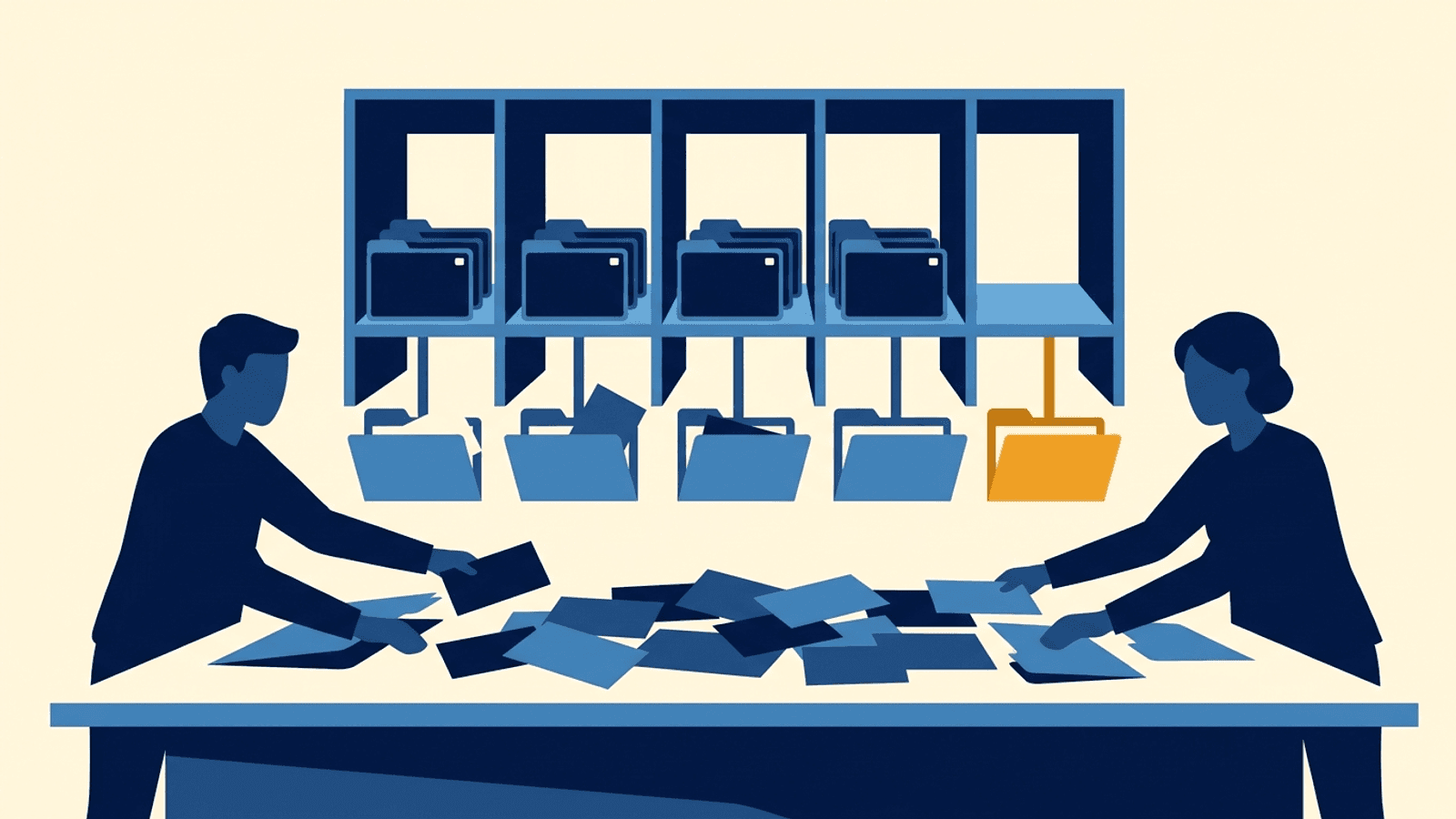 A five-part filing system where outward responses are neatly organized in each slot but the corresponding buyer inquiries remain open and unfastened.